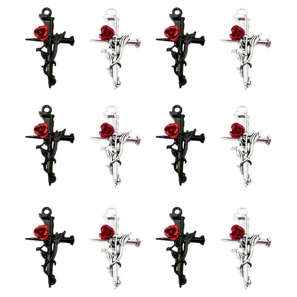 2329 40 Pcs Cross Rose Charms, Alloy Gothic Thorns Pendants, Enamel Thorns